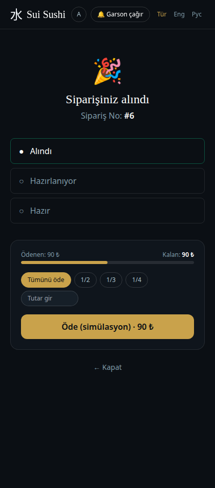 Masadan bölünmüş ödeme: tümü, 1/2, 1/3 veya istediğin tutar